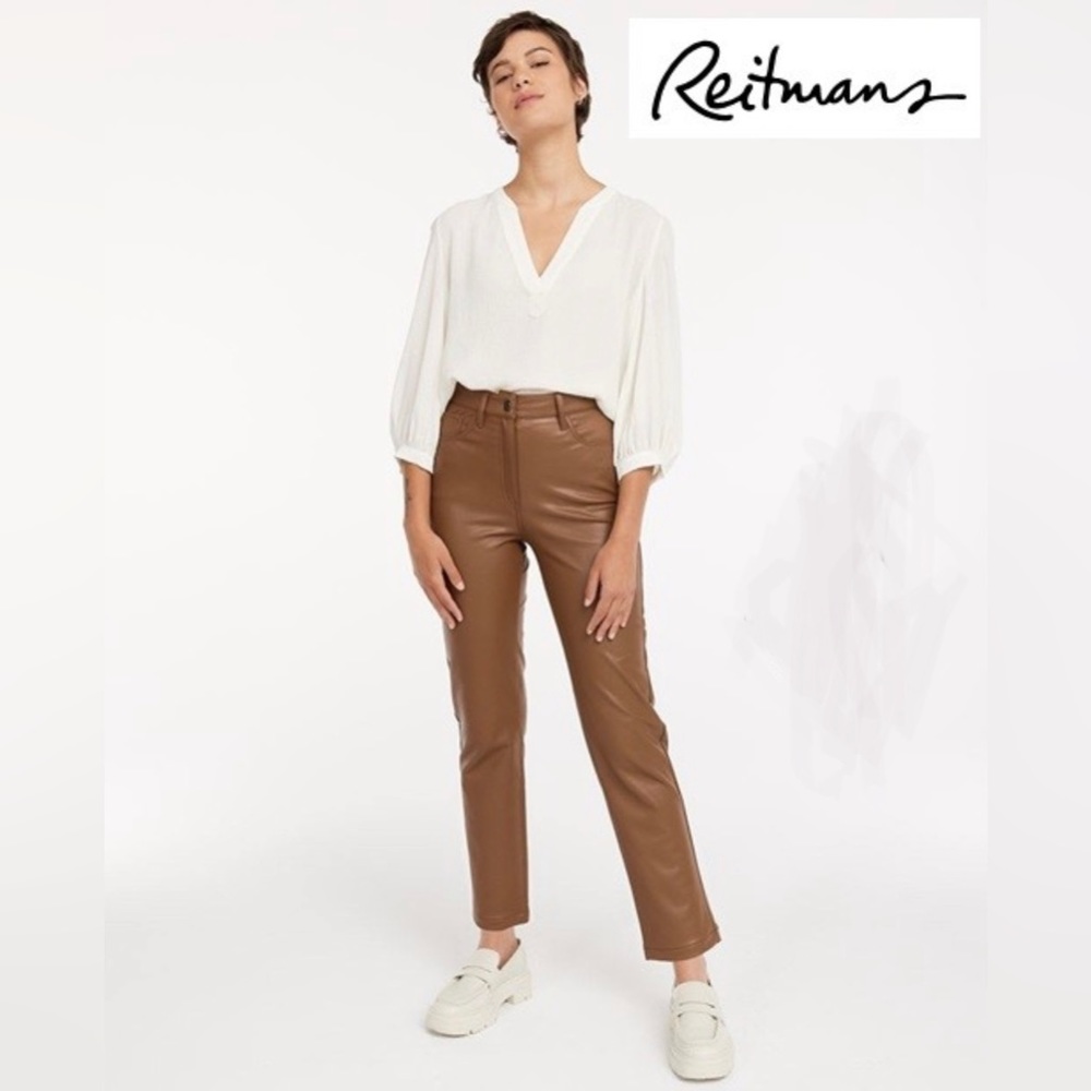 Reitmans faux leather cognac brown high waisted straight leg pants